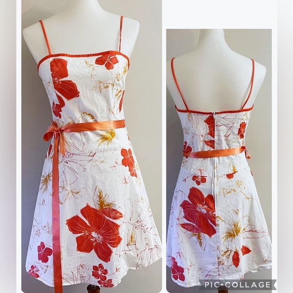 Y2K Floral White and Orange Spaghetti Strap Fit & Flare Dress Preppy Coquette - Picture 1 of 2